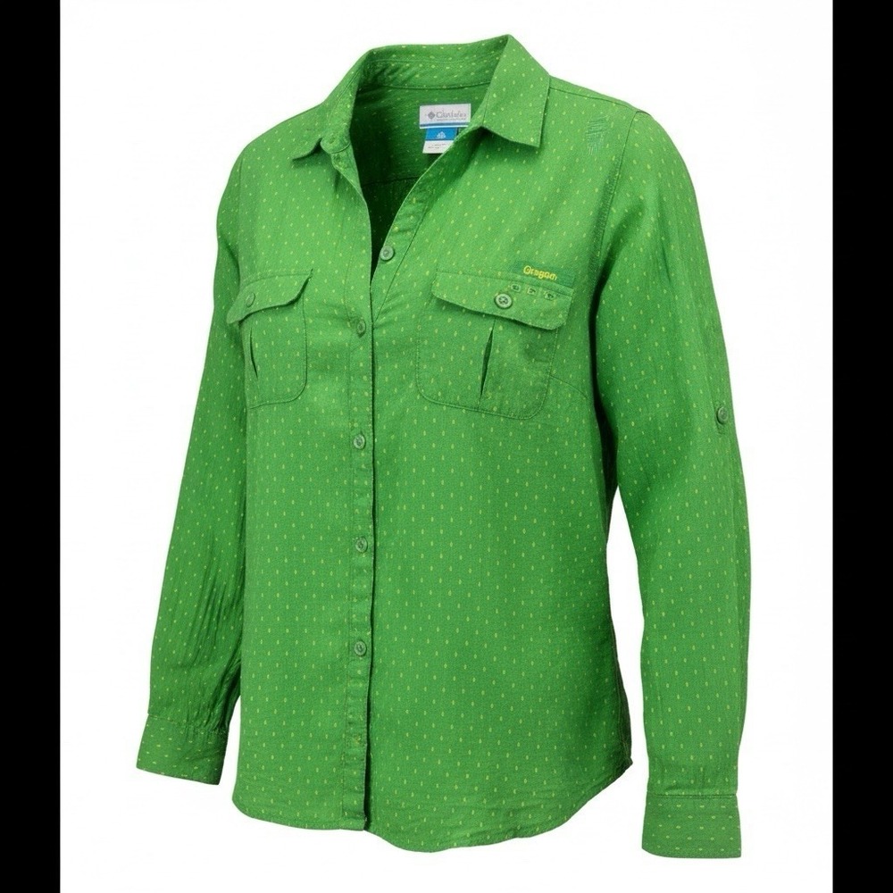 Columbia PFG Oregon Ducks Shirt Womens L Green Polka Dot Fishing Button Up